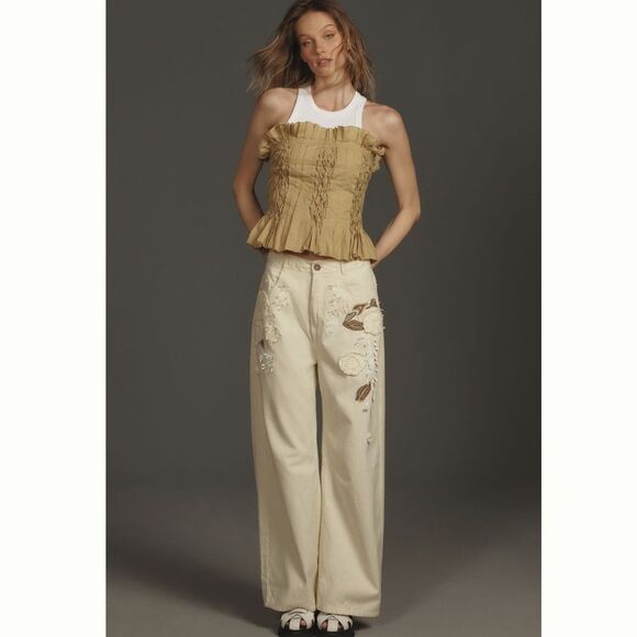 Anthropologie Pilcro Embroidered Cropped Bow Pants - Picture 2 of 6